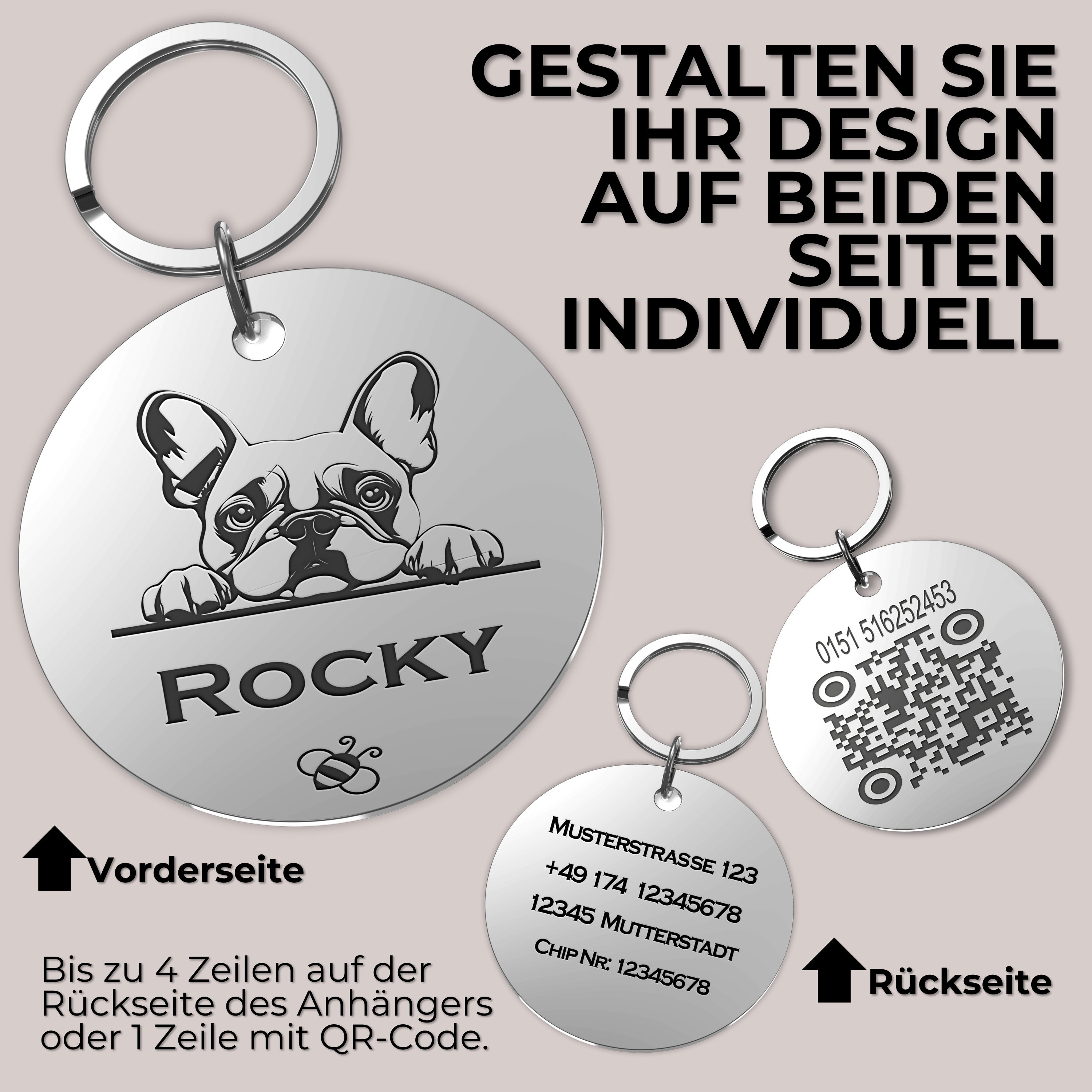 Runde Hundemarke mit Gravur aus Edelstahl, personalisiert, mit Schlüsselring