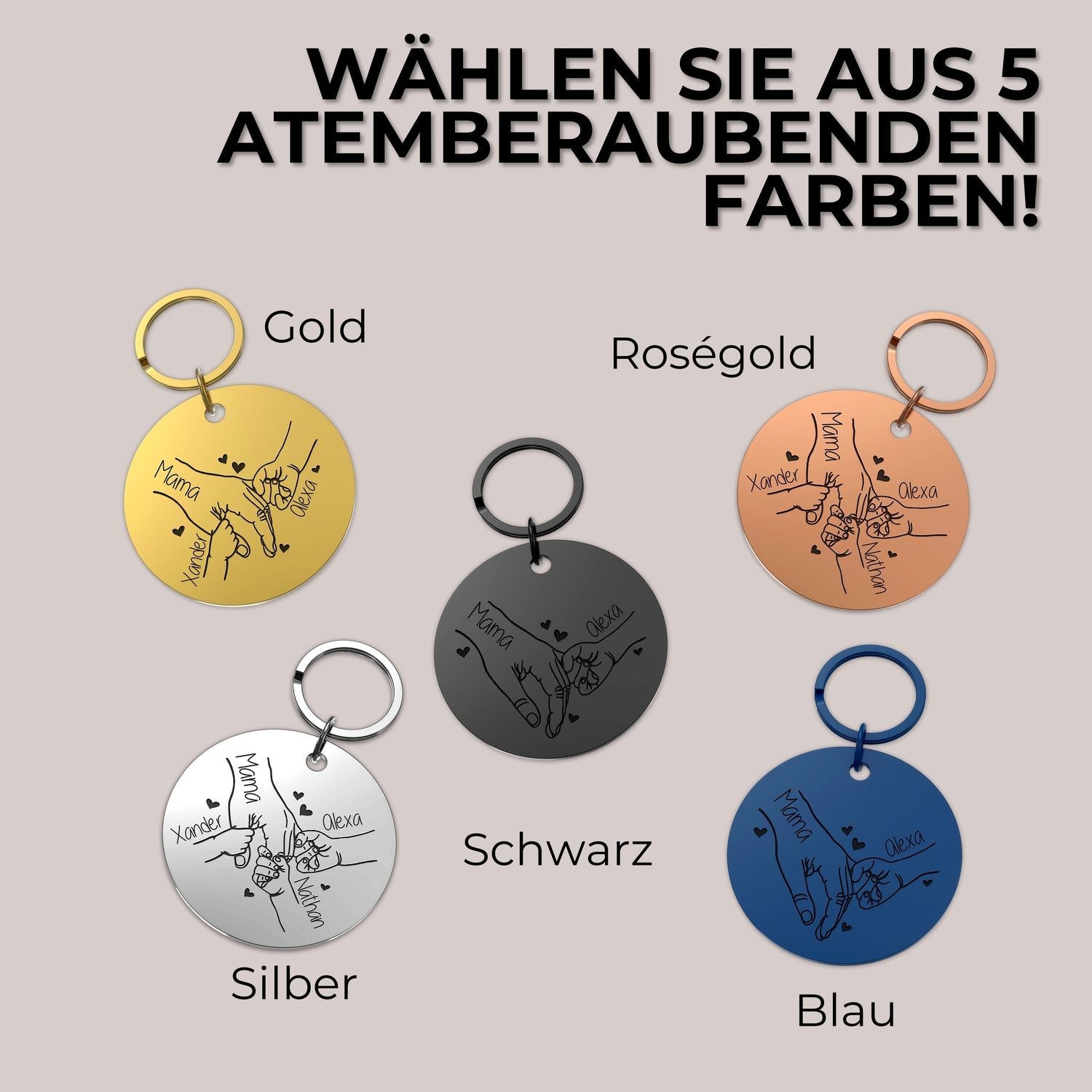 Runder Schlüsselanhänger Hand-in-Hand Gravur Edelstahl personalisiert in verschiedenen Farben