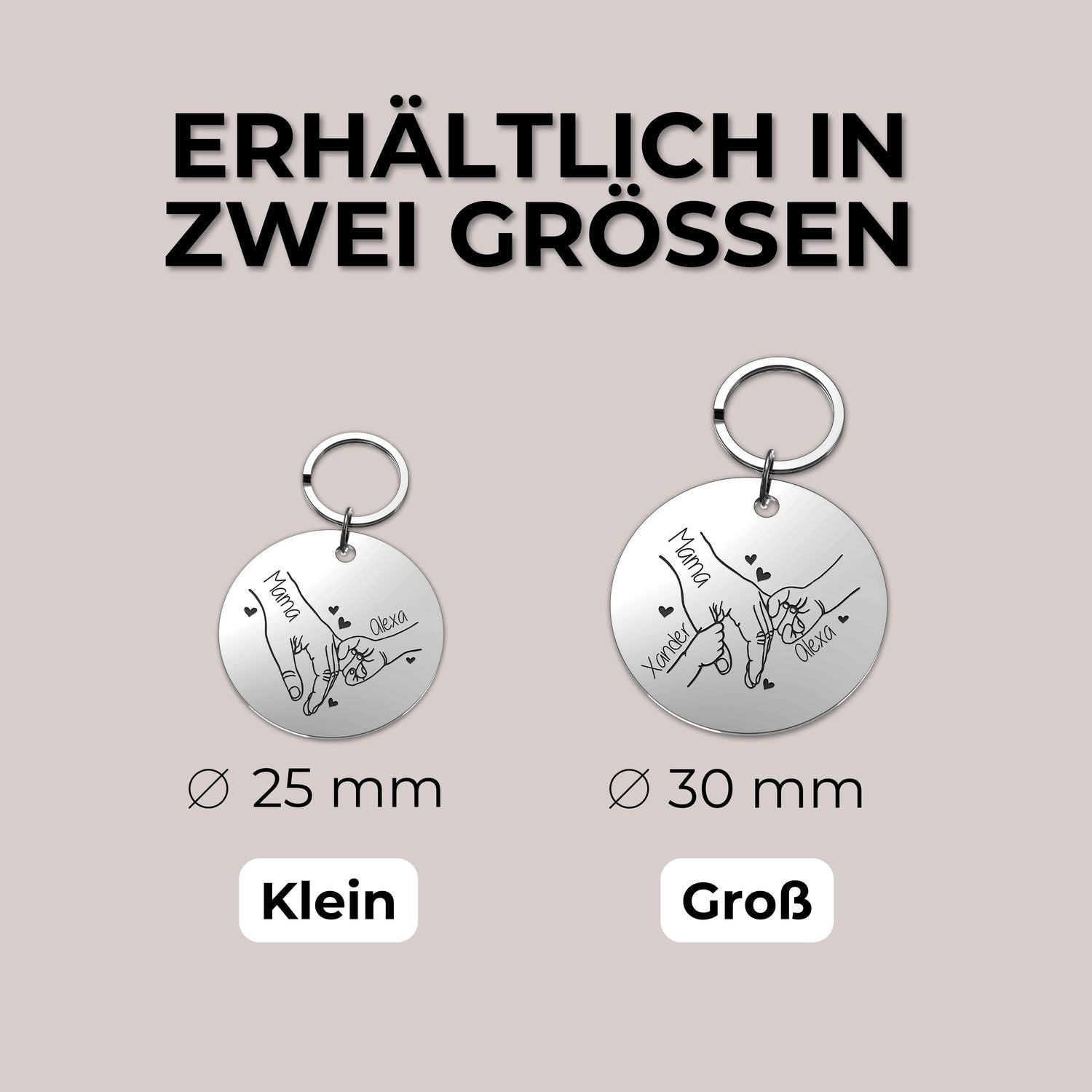 Runder Schlüsselanhänger mit Hand-in-Hand Gravur aus Edelstahl personalisiert