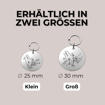 Runder Schlüsselanhänger mit Hand-in-Hand Gravur aus Edelstahl personalisiert