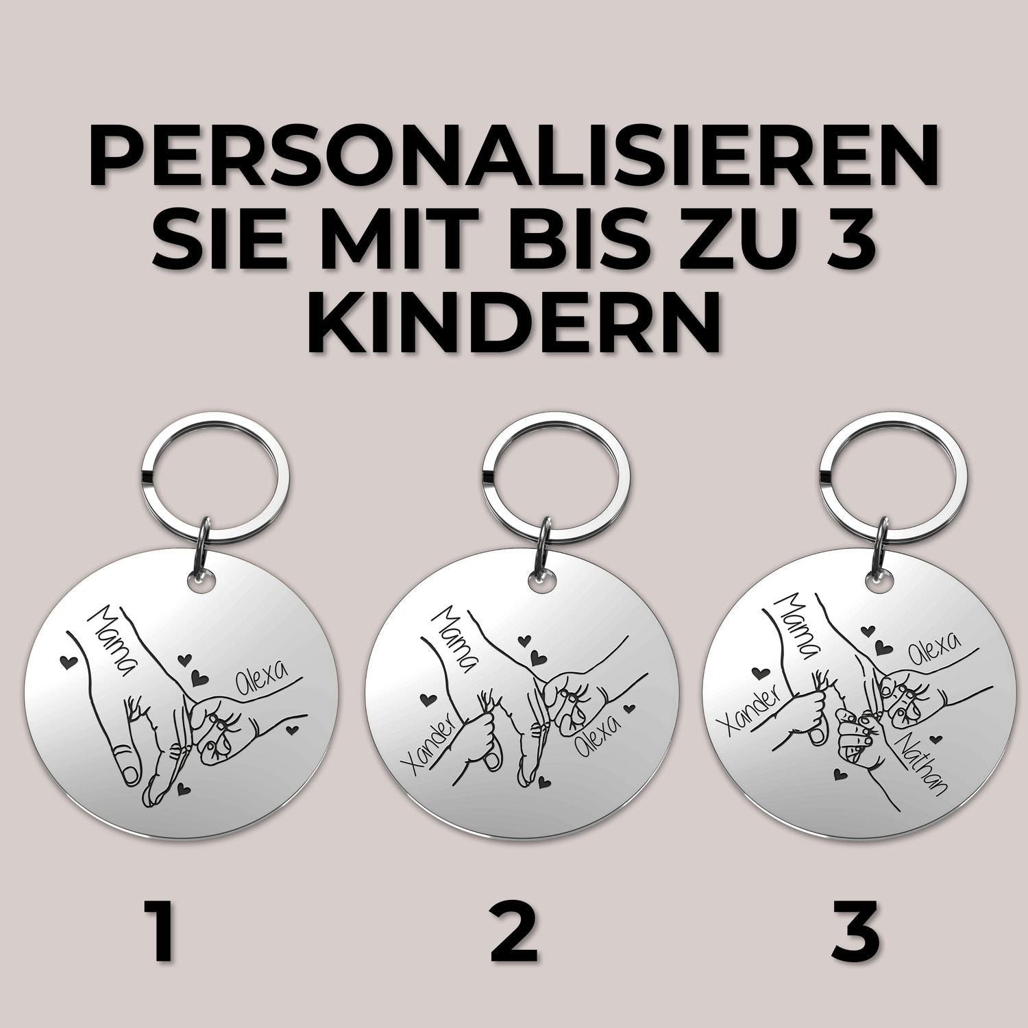 Personalisiertes Runder Schlüsselanhänger Hand-in-Hand Gravur Edelstahl für Mütter mit bis zu drei Kindern