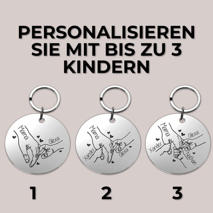 Personalisiertes Runder Schlüsselanhänger Hand-in-Hand Gravur Edelstahl für Mütter mit bis zu drei Kindern