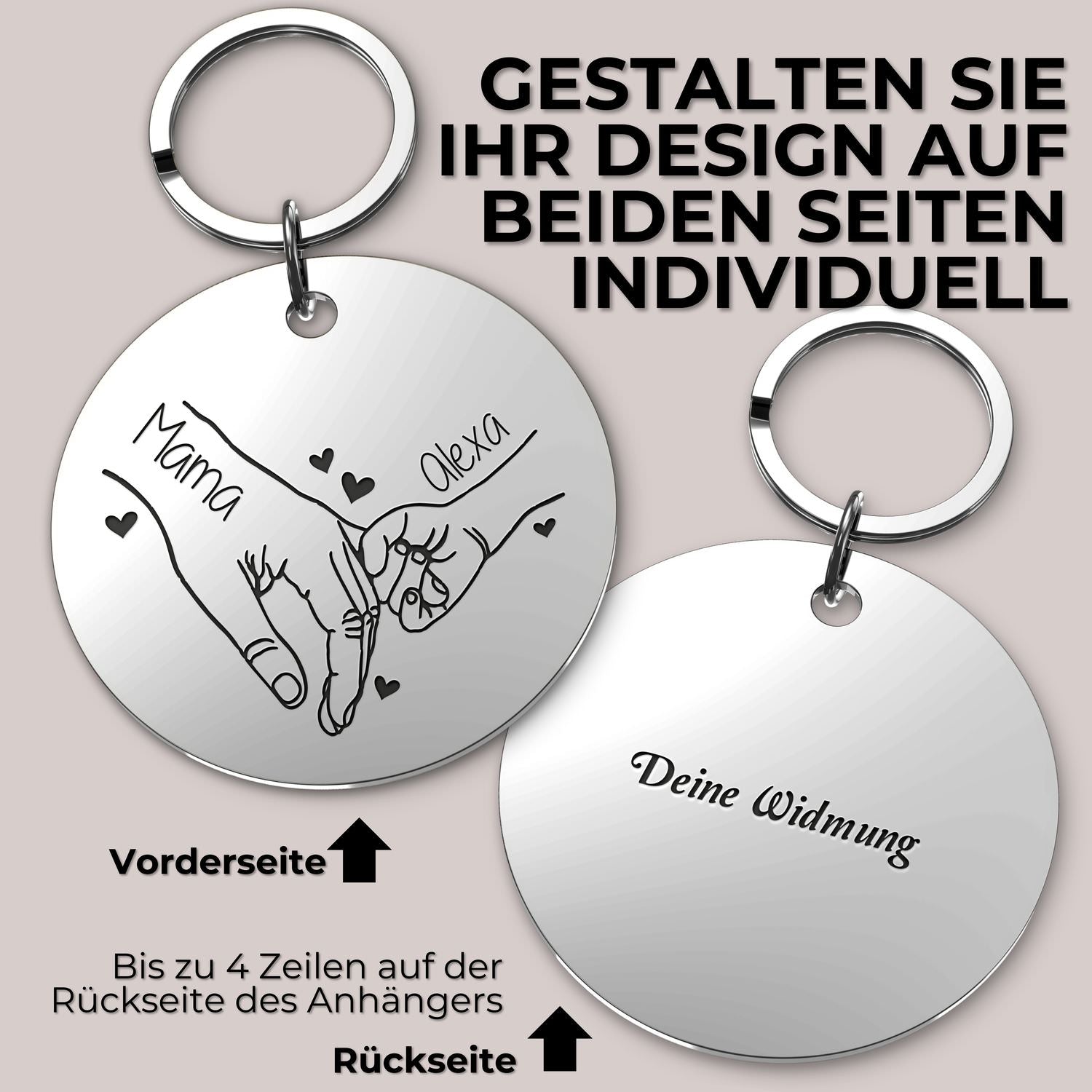 Personalisierter runder Schlüsselanhänger mit hand-in-hand Gravur aus Edelstahl