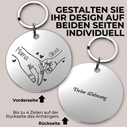 Personalisierter runder Schlüsselanhänger mit hand-in-hand Gravur aus Edelstahl