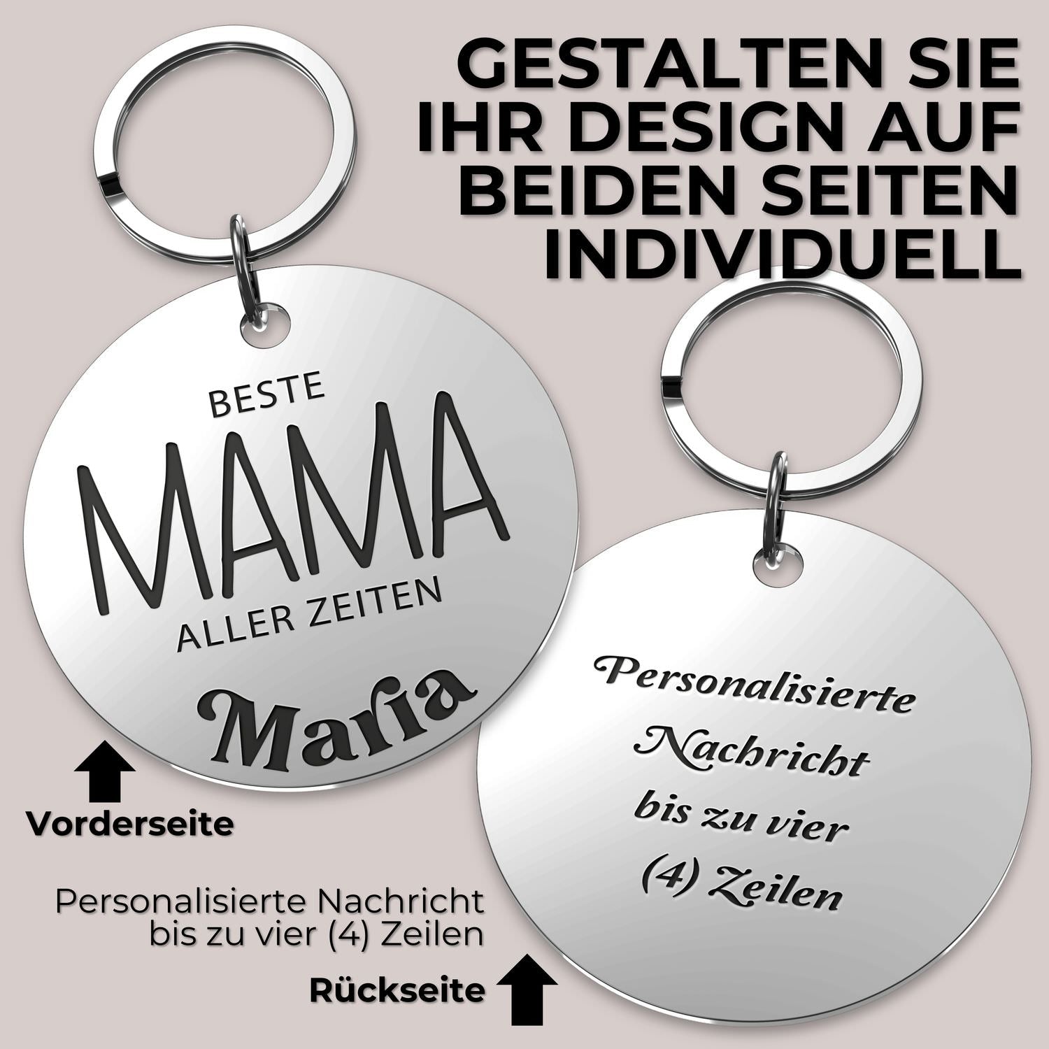Zwei runde, silberne personalisierte Schlüsselanhänger für beste Mama mit Gravur