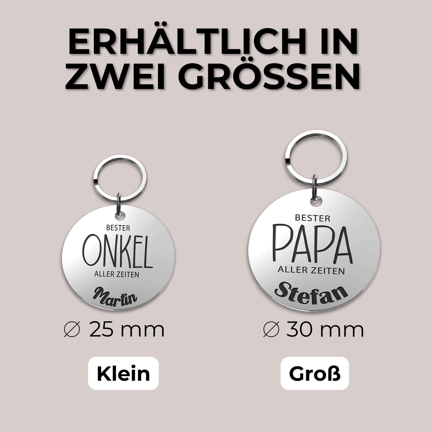 Zwei personalisierte runde Schlüsselanhänger aus Edelstahl für die beste Mama