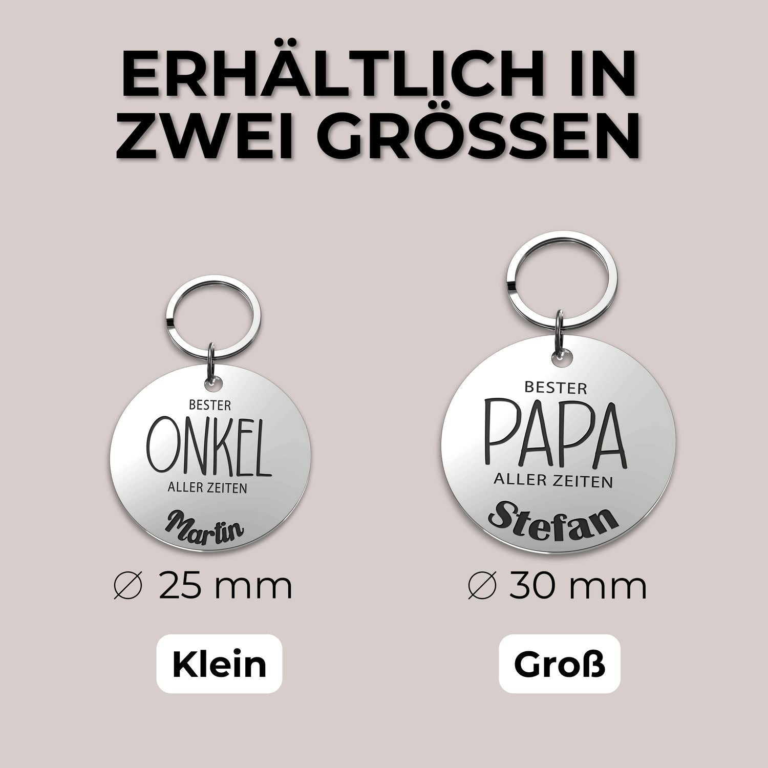 Zwei personalisierte runde Schlüsselanhänger aus Edelstahl für die beste Mama
