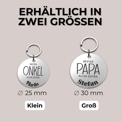 Zwei personalisierte runde Schlüsselanhänger aus Edelstahl für die beste Mama