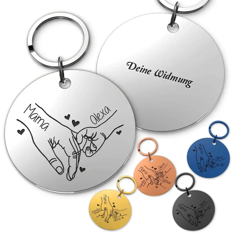 Runder personalisierter Schlüsselanhänger mit Hand-in-Hand Gravur aus Edelstahl