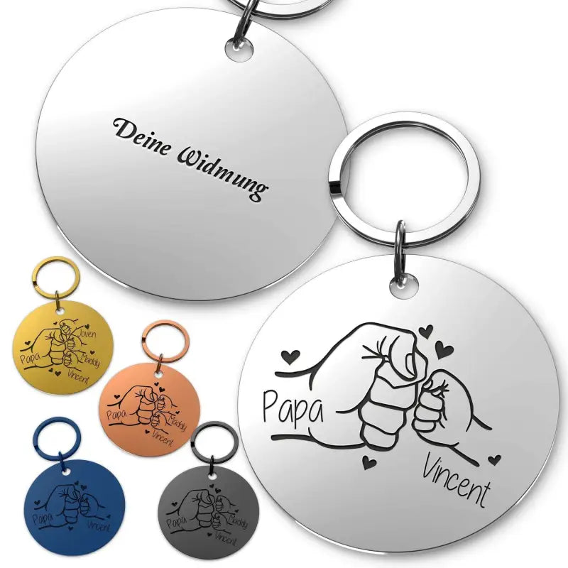Engraved circular keychains with hand-in-hand gravur in Edelstahl, personalisiert