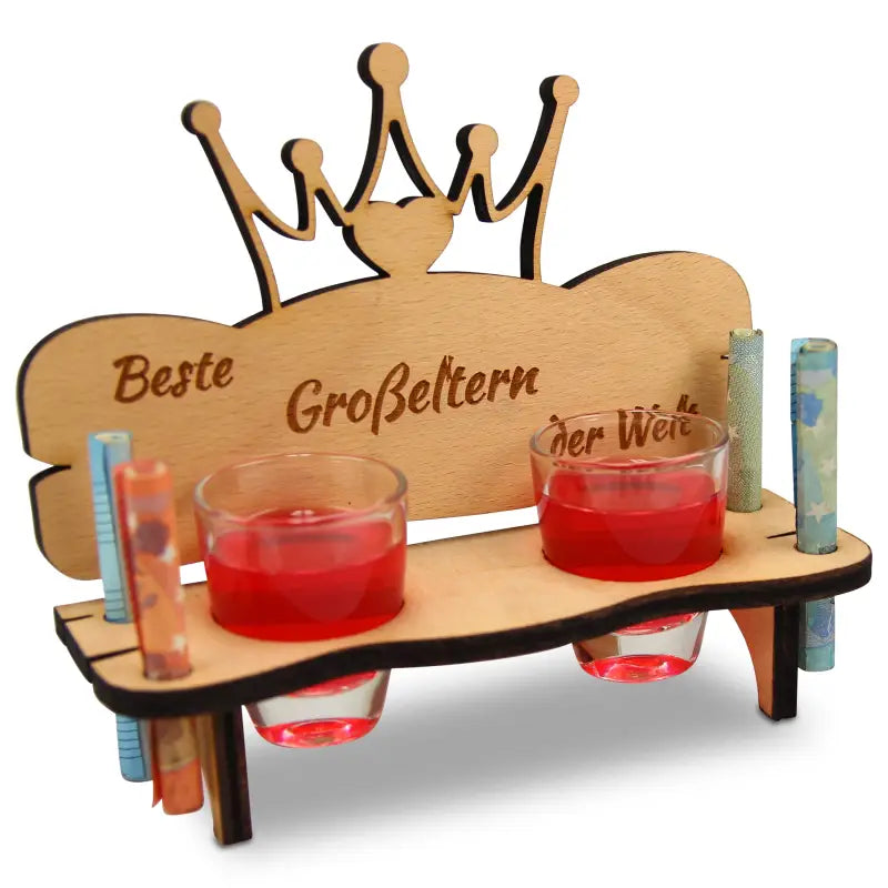 Holz Schnapsbank Geschenk mit Krone und Gravur für Geburtstag oder Jubiläum