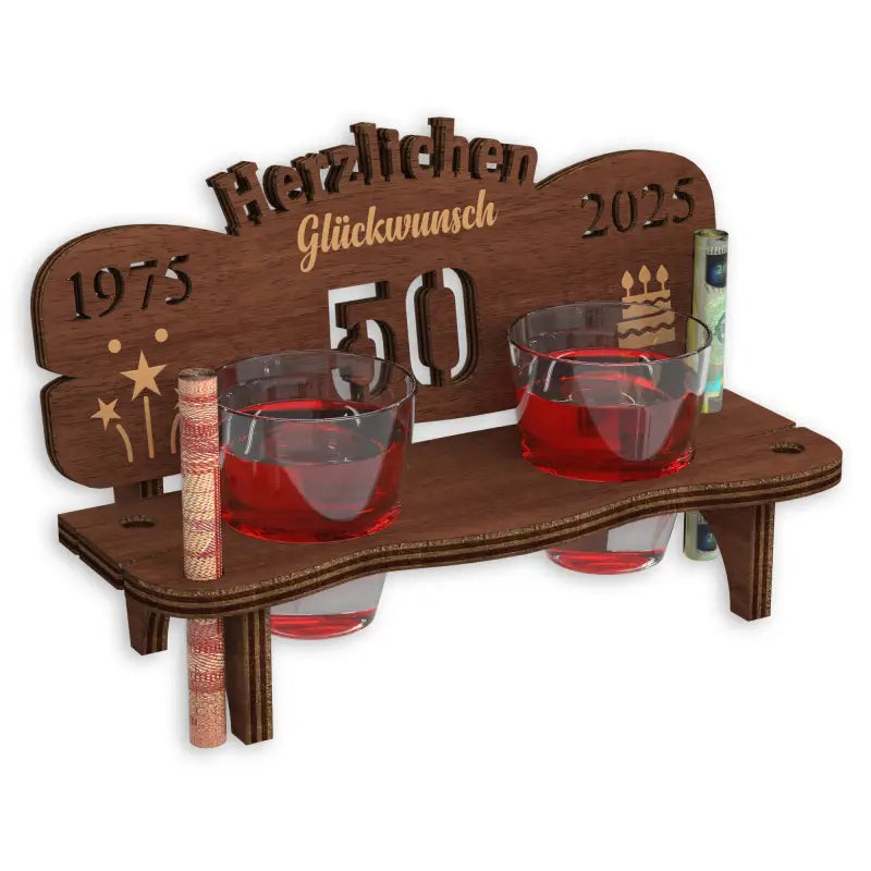 Holz Schnapsbank Geschenk mit Gravur für Geburtstag und Jubiläum mit Drinks