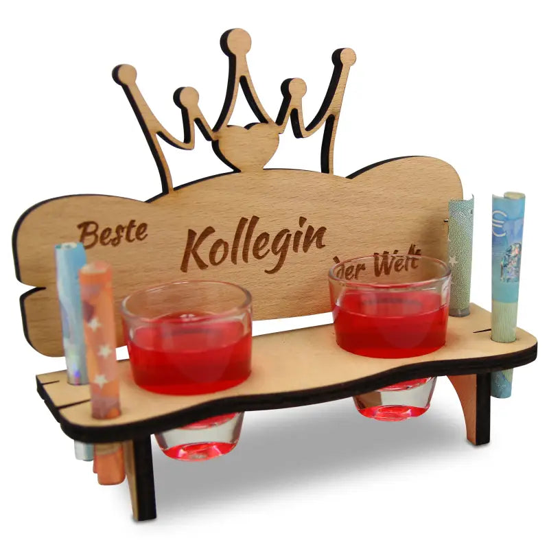 Holz Schnapsbank Geschenk mit Gravur, Jubiläum, Geburtstag, Kerzenhalter und Krone