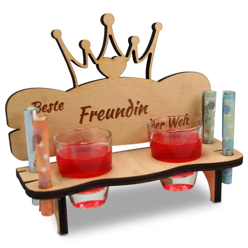 Holz Schnapsbank Geschenk mit Krone, Kerzenhaltern, personalisierbar zum Jubiläum oder Geburtstag