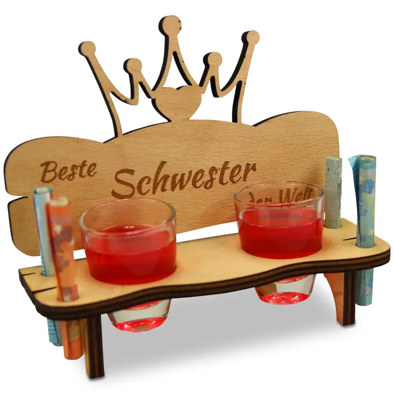 Holz Schnapsbank Geschenk mit Krone, personalisierte Geburtstagsgravur zum Jubiläum