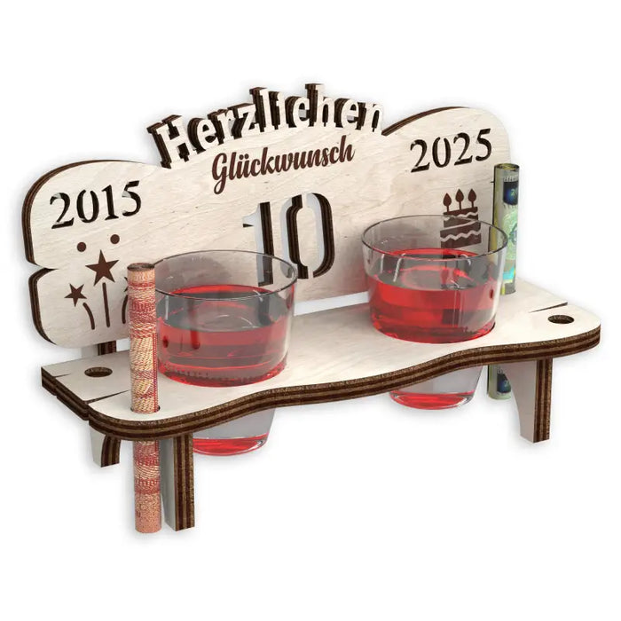 Schnapps bench gift made of wood with engraving for an anniversary or birthday