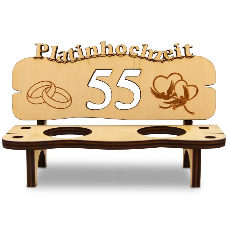 Holz Schnapsbank mit Gravur Geschenk zur Hochzeit oder Jubiläum mit Platinhochzeit und 55