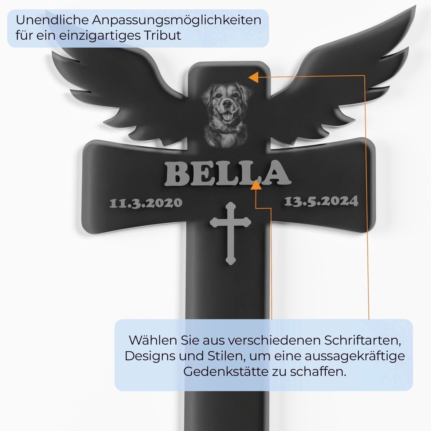 Schwarzes Acryl Grabkreuz für Haustiere mit Engel Wings, personalisierte Produkte, wetterfest