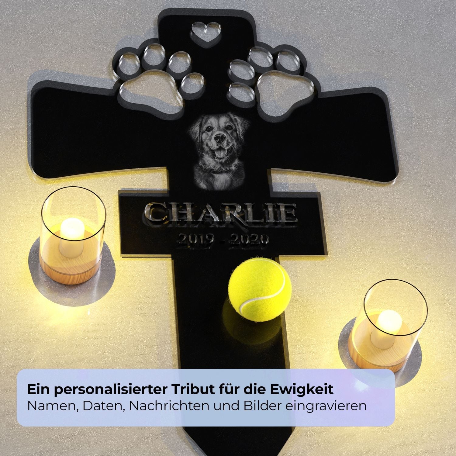 Schwarzes Acryl Grabkreuz für Haustiere mit Pfoten, Foto und personalisierten Details
