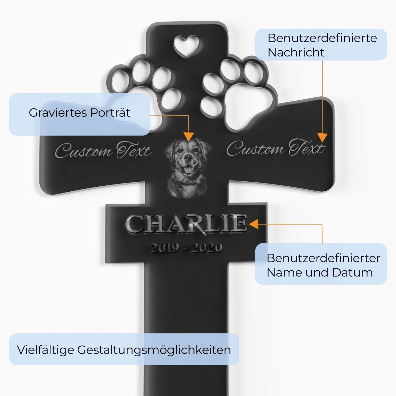 Schwarzes Acryl Grabkreuz für Haustiere mit Gravur, Pfoten und personalisiertem Text