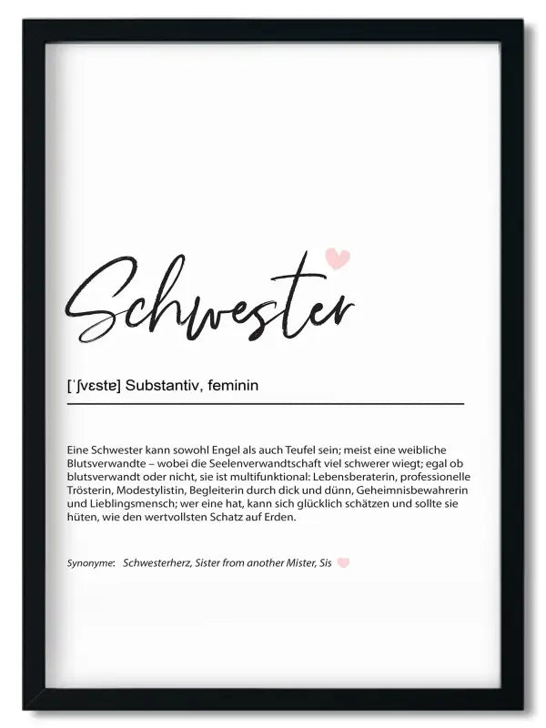Gerahmtes Bruder Spruchposter im Handlettering Stil mit Schwester Definition für beste Freundin