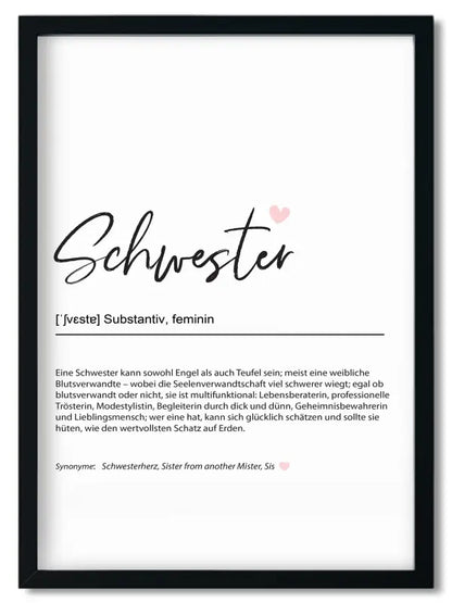Gerahmtes Bruder Spruchposter im Handlettering Stil mit Schwester Definition für beste Freundin