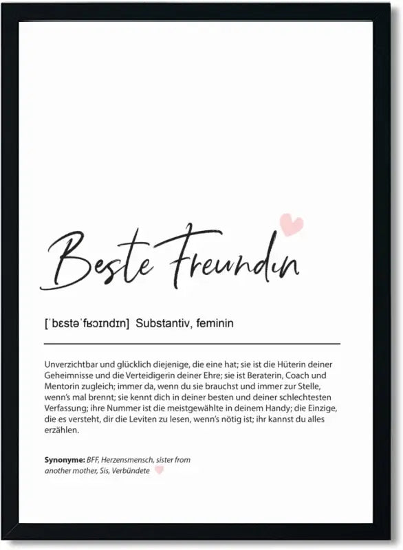 Gerahmtes Bruder Spruchposter im Handlettering Stil mit Definition von beste freundin